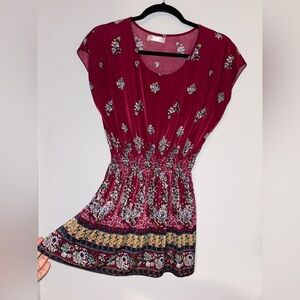 Floral Silky Cinched Burgundy Women's Flowy Top